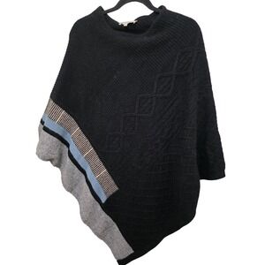 Black Asymmetrical Knit Poncho With Textured Patterns Striped 100% Cashmere